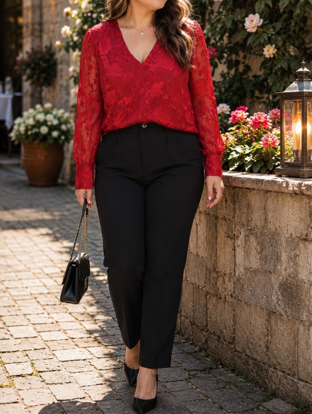 Kaffe Red Sheer Floral Lace V-Neck Blouse Romantic Long Sleeve Holiday Top